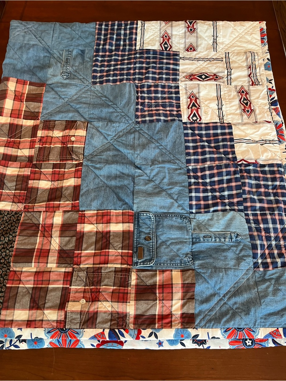Handmade Western Shirt Patchwork Quilt Rustic Denim Plaid Memory Quilt